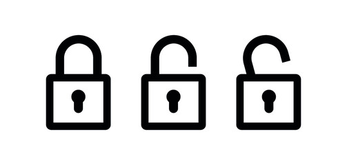 Lock icon. Lock and unlock icons set. Padlock open and closed. Protection symbol. Isolated vector pictogram on white background.