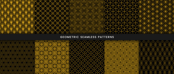  Set of geometric seamless pattern circle design. Luxury with shiny gold lines on dark background