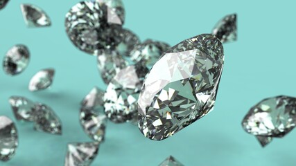 Shiny Diamonds falling under light green lighting. 3D illustration. 3D CG. 3D high quality rendering.