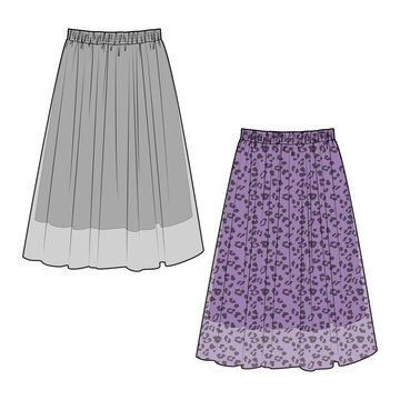 Women's Leopard Print Tulle Skirt  Fashion Vector Sketch, Apparel Template