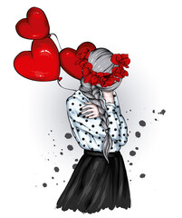 Beautiful girl in stylish clothes and balloons-hearts. Love and valentine's day. Fashion and style, clothing and accessories.