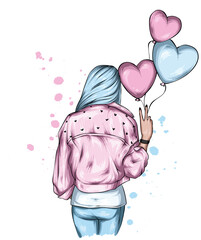 Beautiful girl in stylish clothes and balloons-hearts. Love and valentine's day. Fashion and style, clothing and accessories.