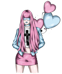 Beautiful girl in stylish clothes and balloons-hearts. Love and valentine's day. Fashion and style, clothing and accessories.