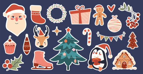 New year winter christmas stickers with santa claus, penguin, deer, gifts and gingerbread. Vector illustration