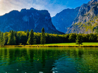 Koenigsee lake in Berchtesgadener valley eith Simetsberg mountain in the background, Germany