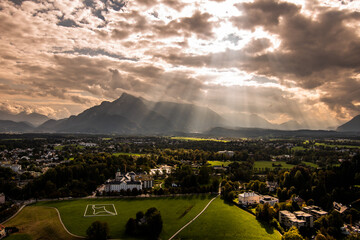 Kirche zur Schmerzhaften Gottesmutter and panorama view of south of Salzburg in abstract light conditions