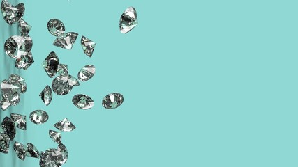 Shiny Diamonds falling under light green lighting. 3D illustration. 3D CG. 3D high quality rendering.