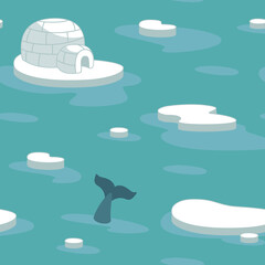 Seamless pattern, arctic ocean, snow house and ice floes. The killer whale's tail peeks out of the water. Cheerful children's print for textiles, postcards, clothes. Vector color illustration.