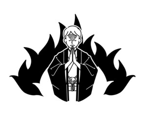 手を合わせて祈っている着物姿の男性-黒