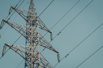 High-voltage power line support. Providing cities with electricity. Close-up, selective focus