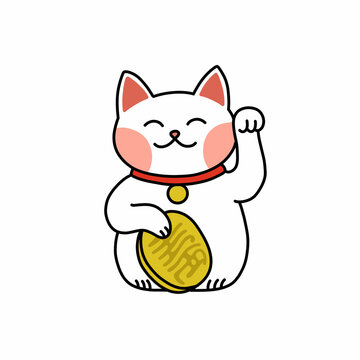 Japanese lucky cat maneki neko doodle icon, vector color line illustration