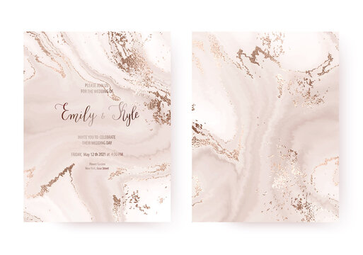 Wedding invitation templates with rose gold dust and agate slice texture.