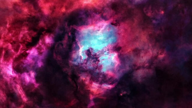 Seamless loop galaxy exploration through dark purple red blue Cloud glowing colorful mystery nebula. 4K animation of flying through glowing red purple blue nebulae, clouds and stars field. Furnished b