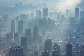 Dusty and dirty air above the city center at morning time. Shanghai.
