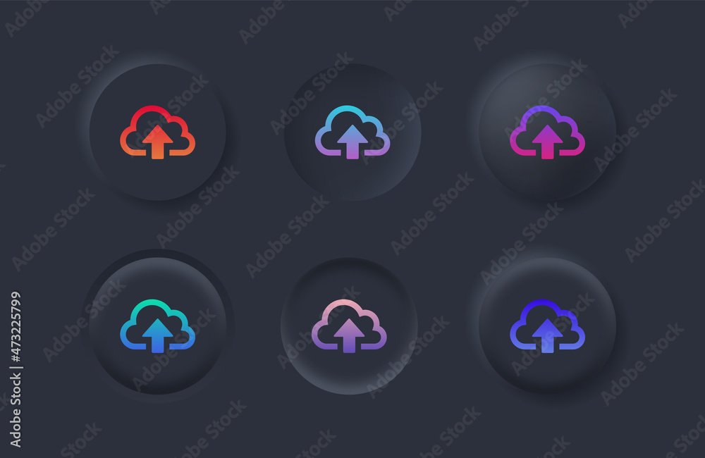 Poster upload icon with gradient color in black neumorphism buttons, cloud uploading symbol, arrow up icon  with neumorphic style ui user interface for apps and website
