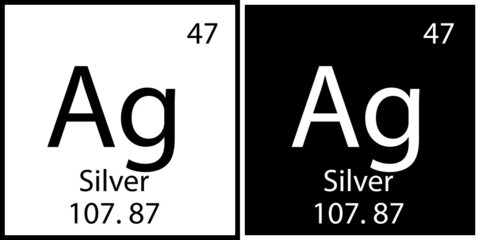 Silver chemical symbol. Periodic table. Education process. Black and white. Square sign. Vector illustration. Stock image. 