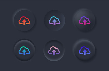 upload icon with gradient color in black neumorphism buttons, cloud uploading symbol, arrow up icon  with neumorphic style ui user interface for apps and website
