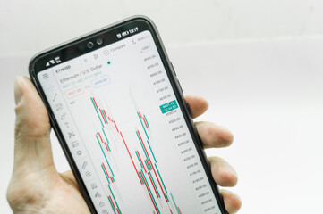 A chart of financial exchange quotes on a smartphone screen in hand. Trading on the stock exchange from a mobile phone. Close-up, selective focus