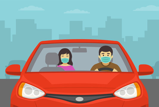 Driving a car. Driver and passenger are wearing a face covering or masks in a vehicle. Close-up view.Flat vector illustration template.