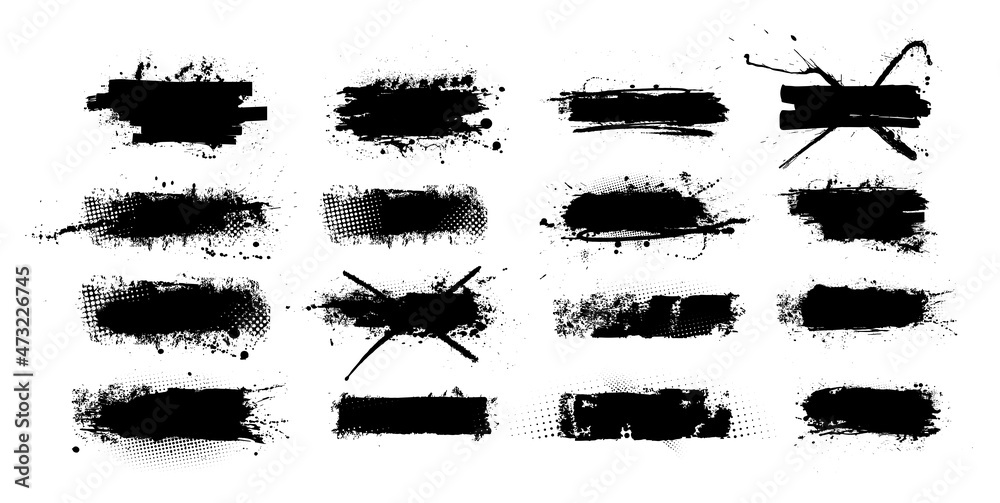 Poster black set ink brushstroke and paint brush template with splashes grunge. ink brush stroke, lines, fr
