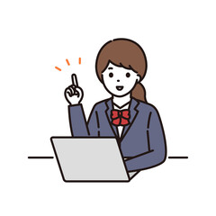 パソコンの前で笑顔で説明をする学生服の女子高校生・中学生