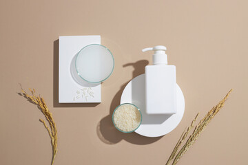 wheat and rice extract in petri dish purple background with cosmetic jar for product advertising , traditional food content , top view