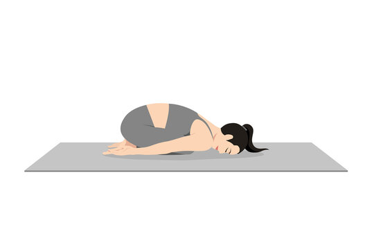 Child's Pose, Beautiful girl practice Balasana. Young attractive woman practicing yoga exercise. working out, black wearing sportswear, grey pants and top, indoor full length, calmness and relax.