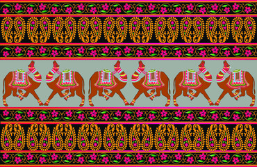 Colorful seamless border pattern with fantasy ornate camels and classic floral motifs 