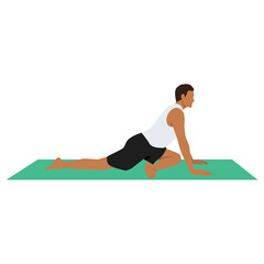 Yoga Man in Ardha Kapotasana or half pigeon pose. Male cartoon character practicing Hatha yoga. Man demonstrating exercise during gymnastics training. Flat vector illustration.