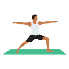 Yoga Man in Virabhadrasana 2 or Warrior II pose. Male cartoon character practicing Hatha yoga. Man demonstrating exercise during gymnastics training. Flat vector illustration.