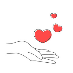 Vector icon with hearts flying from open hand. Symbol of kindness and charity, donation.