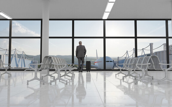 Businessman with travel suitcase looking at the airplane in the airport lobby. 3D rendering image.