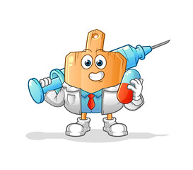 wooden placemat doctor holding medichine and injection