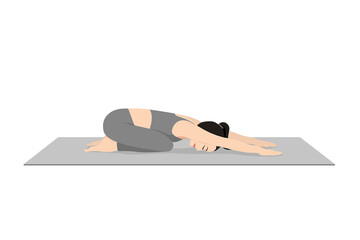 Wide Child's Pose, Prasarita Balasana, Beautiful girl practice Prasarita Balasana. Young attractive woman practicing yoga exercise. working out, black wearing sportswear, grey pants and top, indoor