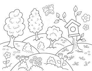 spring garden with flowers and trees, coloring sheet for kids. you can print it on an 8.5x11 inch page
