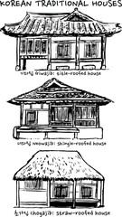 Types of Korean houses sketches. Traditional architecture illustrations. Sketchy loose inking style vector drawings. Set of elements. Asian culture theme. 