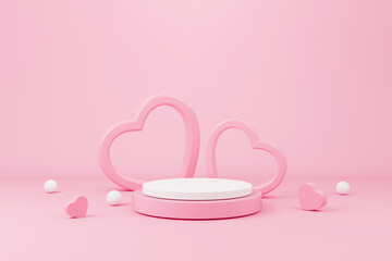 Abstract minimal scene with podium and backdrop shape heart in studio lighting pink background....