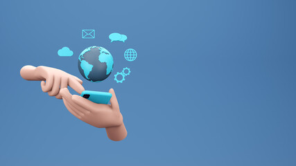 Hand using mobile smart phone. Business global connection internet technology application and digital marketing. 3D render illustration. Clipping path of each element included.