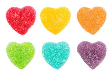 Set of sugar coated multicolor jelly hearts shaped isolated on white background