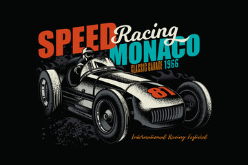 Original vector illustration in vintage style. An old vintage racing car. T-shirt design, stickers, print.