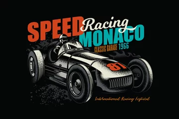 Poster Original vector illustration in vintage style. An old vintage racing car. T-shirt design, stickers, print. © artmarsa