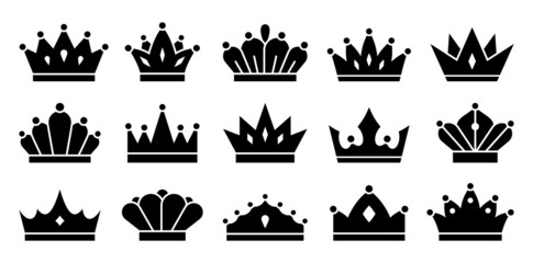Crown silhouette of royal distinction black flat set. Heraldic symbol of different shapes. Royal seal stamp government of the monarchy important letter. Leadership champion icon isolated on white