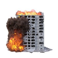 Ruined building in flames isolated on white 3d illustration