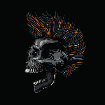Original vector illustration in vintage style. Punk rocker skull with hairstyle. Design for T-shirt or sticker. A design element.