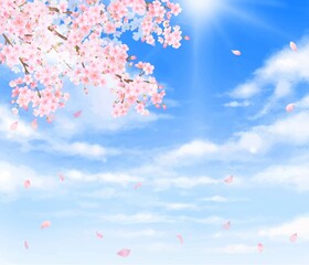 美しく華やかな桜の花と花びら舞い散る春の青空に光差し込む雲のノスタルジックな背景ベクター素材イラスト
