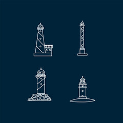 A set of lighthouse building with a lantern. A house by the sea with a lamp for design on the dark. Vector illustration