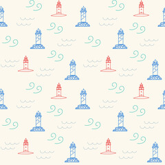 Fototapeta na wymiar The pattern of the pendulum building. Sea background waves of the sea with a lighthouse. Doodle backing lines for textiles. Vector illustration