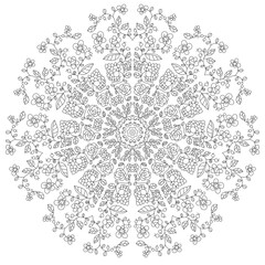 Mandala of abstract elements for relaxation. Round monochrome floral pattern for coloring, for cover.