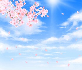 美しく華やかな桜の花と花びら舞い散る春の青空に光差し込む雲のノスタルジックな背景ベクター素材イラスト