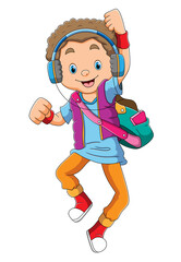 The student is listening the music with the headphone